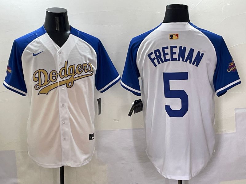Men Los Angeles Dodgers 5 Freeman White Blue Champion gold character Nike 2025 MLB Jersey style 505